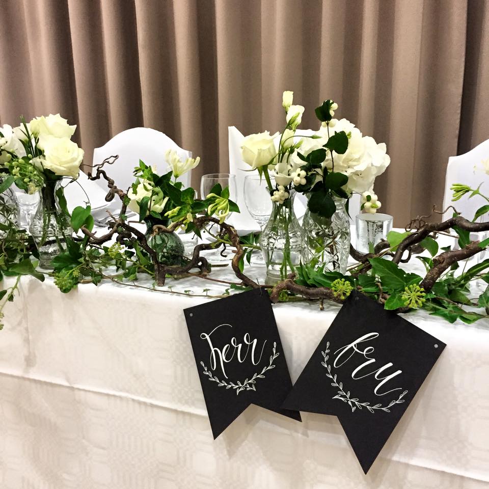 Honnörsbordet med vita blommor och skyltar för herr och fru